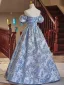 Chic / Beautiful Sky Blue Beading Sequins Lace Flower Prom Dresses 2024 Ball Gown Off-The-Shoulder Puffy Short Sleeve Backless Floor-Length / Long Prom Formal Dresses