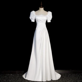 Modest Simple White Satin Prom Dresses 2022 A Line Princess Square Neckline Puffy Short Sleeve Bow Backless Court Train Prom Formal Dresses