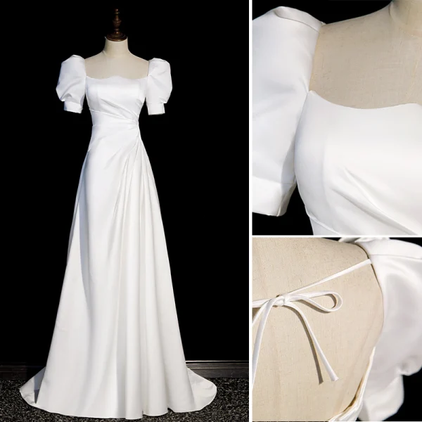 Modest / Simple White Satin Prom Dresses 2022 A-Line / Princess Square Neckline Puffy Short Sleeve Bow Backless Court Train Prom Formal Dresses