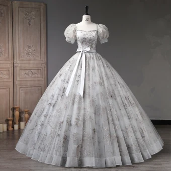 Elegant Grey Beading Pearl Sequins Prom Dresses 2023 Ball Gown Square Neckline Bow Sash Short Sleeve Backless Floor Length Long Prom Formal Dresses