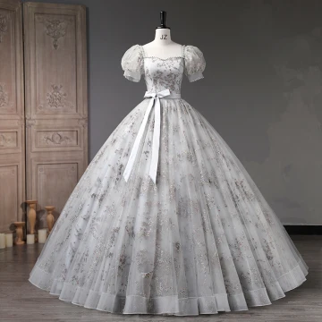 Élégant Gris Perlage Perle Paillettes Robe De Bal 2023 Robe Boule Encolure Carrée Noeud Ceinture Manches Courtes Dos Nu Longue Promo Robe De Ceremonie