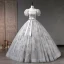 Elegant Grey Beading Pearl Sequins Prom Dresses 2023 Ball Gown Square Neckline Bow Sash Short Sleeve Backless Floor-Length / Long Prom Formal Dresses
