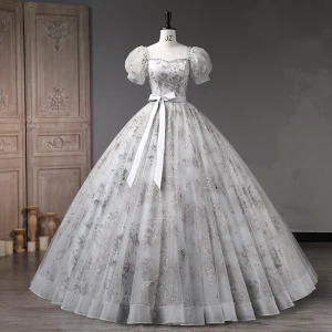 Elegantes Gris Rebordear Perla Lentejuelas Vestidos De Gala 2023 Ball Gown Escote Cuadrado Bowknot Cinturón Manga Corta Sin Espalda Largos Gala Vestidos Formales