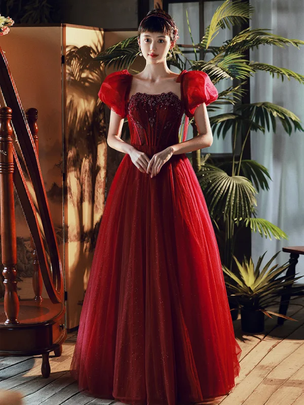 Chic / Belle Bordeaux Perlage Paillettes Robe De Bal 2022 Princesse Bustier Gonflée Manches Courtes Dos Nu Longue Robe De Ceremonie