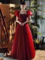 Chic / Belle Bordeaux Perlage Paillettes Robe De Bal 2022 Princesse Bustier Gonflée Manches Courtes Dos Nu Longue Robe De Ceremonie