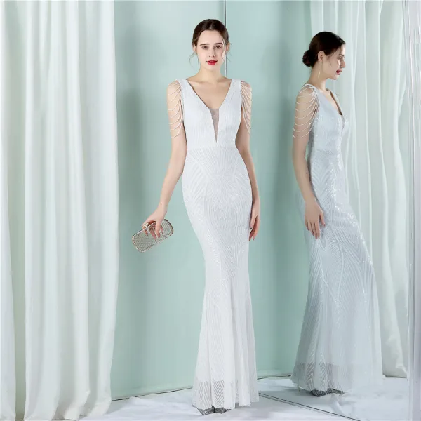 Sparkly Black Sequins Evening Dresses 2022 Trumpet / Mermaid V-Neck Beading Sleeveless Floor-Length / Long Evening Party Formal Dresses