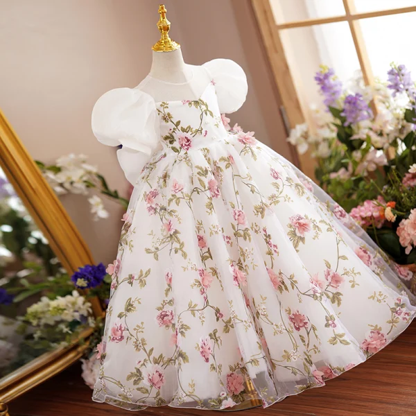 Chic / Beautiful White Birthday Floral Flower Girl Dresses 2022 A-Line / Princess Scoop Neck Puffy Short Sleeve Backless Bow Pearl Floor-Length / Long Flower Girl Dresses