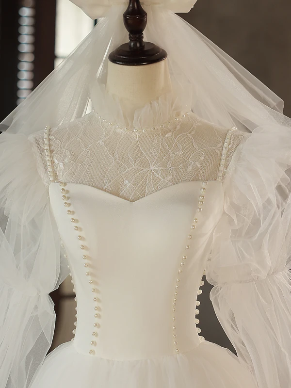Elegant Ivory Pearl Wedding Dresses 2023 A-Line / Princess High Neck 3/4 Sleeve Backless Floor-Length / Long Wedding