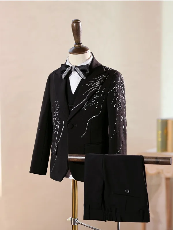 Fashion Black Rhinestone Long Sleeve 5-piece Boys Wedding Suits 2025 Coat Pants Shirt Tie Vest