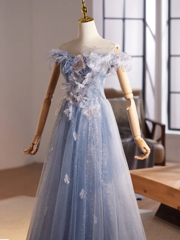 Chic / Beautiful Sky Blue Beading Tassel Appliques Sequins Prom Dresses 2025 A-Line / Princess Off-The-Shoulder Short Sleeve Backless Floor-Length / Long Formal Dresses