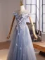 Chic / Beautiful Sky Blue Beading Tassel Appliques Sequins Prom Dresses 2025 A-Line / Princess Off-The-Shoulder Short Sleeve Backless Floor-Length / Long Formal Dresses