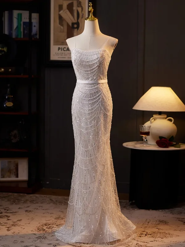 Luxury / Gorgeous Grey Handmade Beading Pearl Sequins Evening Dresses 2025 Trumpet / Mermaid Scoop Neck Short Sleeve Floor-Length / Long Evening Party Formal Dresses