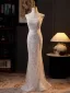 Luxury / Gorgeous Grey Handmade  Beading Pearl Sequins Evening Dresses 2025 Trumpet / Mermaid Scoop Neck Short Sleeve Floor-Length / Long Evening Party Formal Dresses