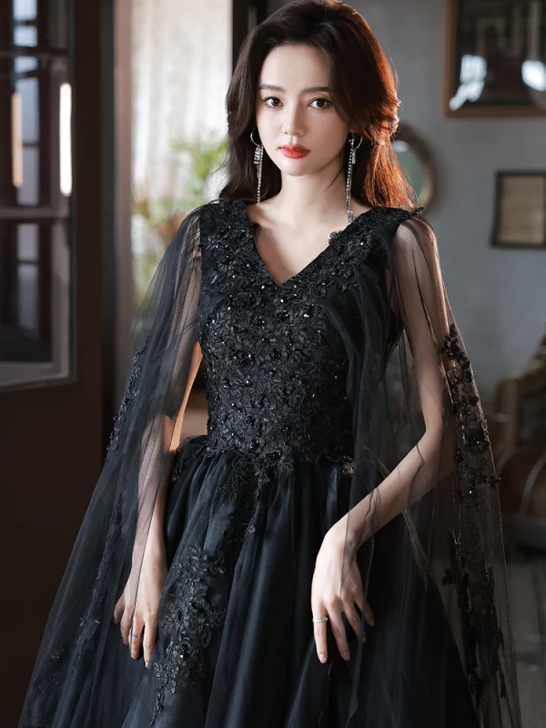 Gothic Chic Beautiful Black Prom Dresses 2022 A-Line Princess V-Neck Beading Lace Flower Gothic Chic Beautiful Black Prom Dresses 2022 A-Line Princess V-Neck Beading Lace Flower
