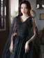 Gothique Chic / Belle Noire Robe De Bal 2022 Princesse V-Cou Perlage En Dentelle Fleur Sans Manches Dos Nu Longue Robe De Ceremonie