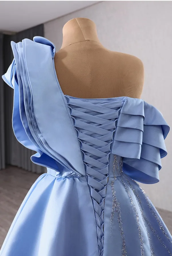 Haut de Gamme Mode Bleu Ciel Perlage Paillettes Robe De Bal 2024 Princesse Une épaule Sans Manches Dos Nu Train De Balayage Promo Robe De Ceremonie