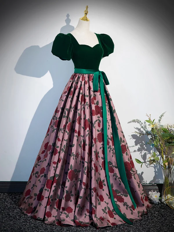 Vintage / Retro Dark Green Printing Prom Dresses 2024 Ball Gown Square Neckline Bow Sash Short Sleeve Backless Floor-Length / Long Prom Formal Dresses