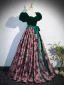 Vintage / Retro Dark Green Printing Prom Dresses 2024 Ball Gown Square Neckline Bow Sash Short Sleeve Backless Floor-Length / Long Prom Formal Dresses
