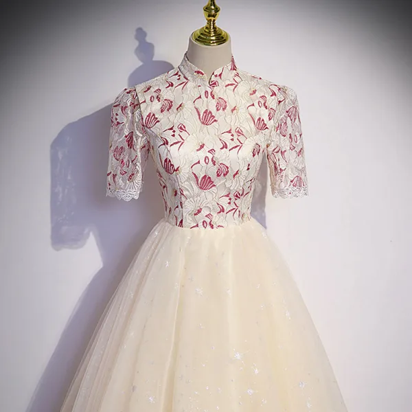 Vintage / Retro Chinese style Champagne Prom Dresses 2022 A-Line / Princess High Neck Star Sequins Lace Flower Short Sleeve Backless Floor-Length / Long Prom Formal Dresses