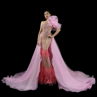 Luxe Rougissant Rose Appliques Perlage Paillettes Robe De Soirée 2023 Trompette Sirène Une Épaule Sans Manches Dos Nu Gland Tribunal Train Soirée Robe De Ceremonie