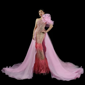 Luxury Gorgeous Blushing Pink Appliques Beading Sequins Evening Dresses 2023 Trumpet Mermaid One Shoulder Sleeveless Backless Tassel Court Train Evening Party Formal Dresses