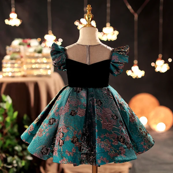 Vintage / Retro Dark Green Sequins Embroidered Prom Flower Girl Dresses 2022 A-Line / Princess Scoop Neck Satin Short Sleeve Short Flower Girl Dresses