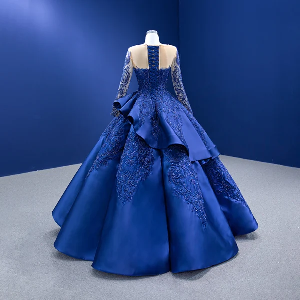 Luxe Bleu Roi Perlage Perle Paillettes En Dentelle Fleur Volants en Cascade Robe De Bal 2022 Robe Boule Encolure Dégagée Manches Longues Longue Promo Robe De Ceremonie