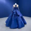 Luxe Bleu Roi Perlage Perle Paillettes En Dentelle Fleur Volants en Cascade Robe De Bal 2022 Robe Boule Encolure Dégagée Manches Longues Longue Promo Robe De Ceremonie