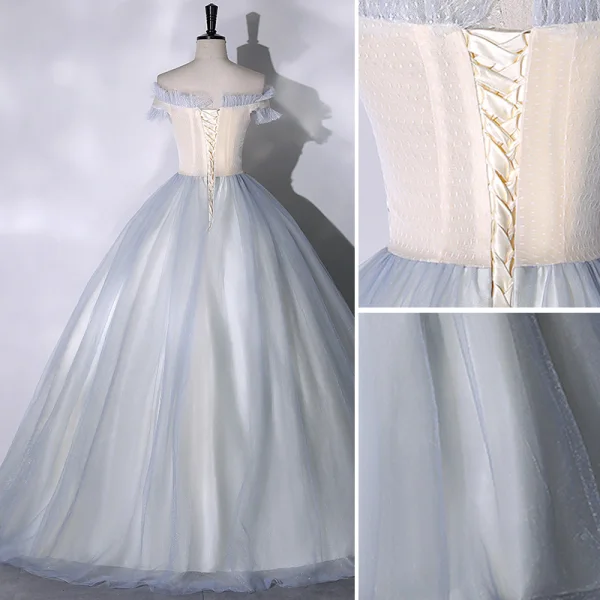 Elegant Sky Blue Sequins Prom Dresses 2023 Ball Gown Off-The-Shoulder Short Sleeve Backless Floor-Length / Long Prom Formal Dresses