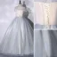 Elegant Sky Blue Sequins Prom Dresses 2023 Ball Gown Off-The-Shoulder Short Sleeve Backless Floor-Length / Long Prom Formal Dresses