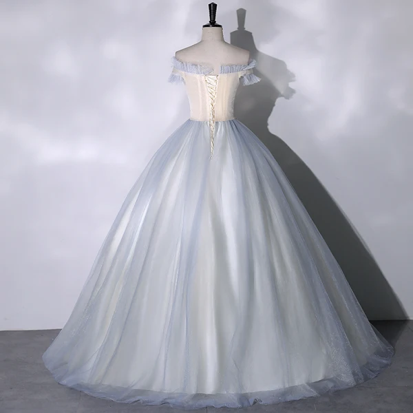 Elegant Sky Blue Sequins Prom Dresses 2023 Ball Gown Off-The-Shoulder Short Sleeve Backless Floor-Length / Long Prom Formal Dresses