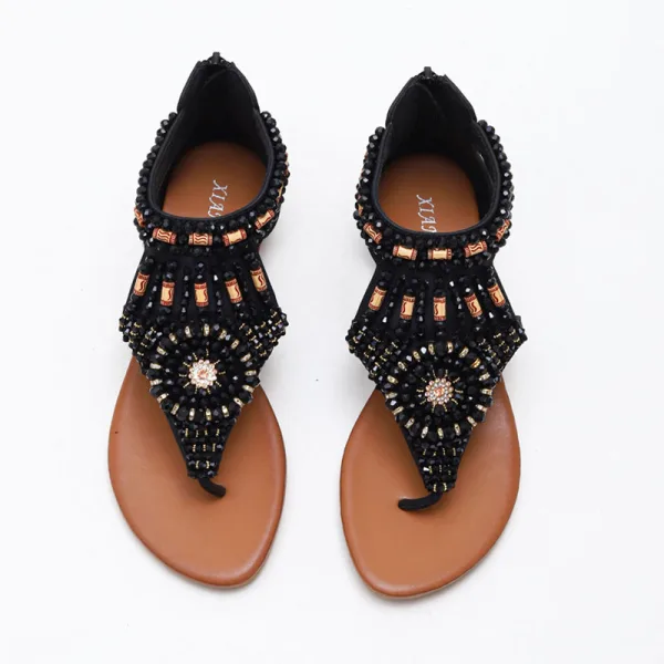 Römisch Schwarz Sommer Strand Strass Sandalen Damen 2022 Knöchelriemen Flache Peeptoes Sandaletten