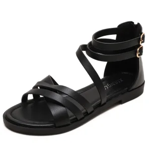 Simple Noire Plage Désinvolte Plate Sandales Femme 2022 Été Bride Cheville Peep Toes Bout Ouvert Sandales