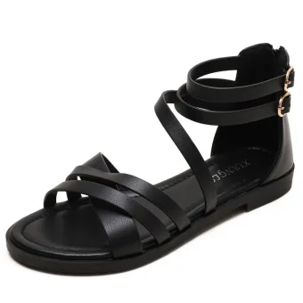 Modest Simple Black Beach Casual Flat Womens Sandals 2022 Summer Ankle Strap Open Peep Toe Sandals