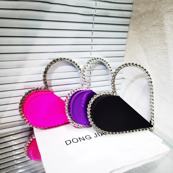 Fashion Fuchsia Heart-shaped Rhinestone Cocktail Party Clutch Bags Satin 2023