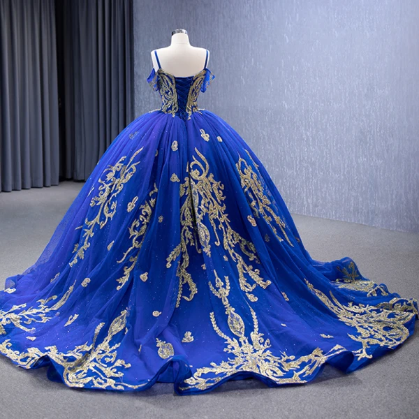 High-end Vintage / Retro Royal Blue Handmade  Beading Sequins Prom Dresses 2023 Ball Gown Spaghetti Straps Short Sleeve Backless Chapel Train Prom Formal Dresses