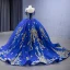 High-end Vintage / Retro Royal Blue Handmade  Beading Sequins Prom Dresses 2023 Ball Gown Spaghetti Straps Short Sleeve Backless Chapel Train Prom Formal Dresses
