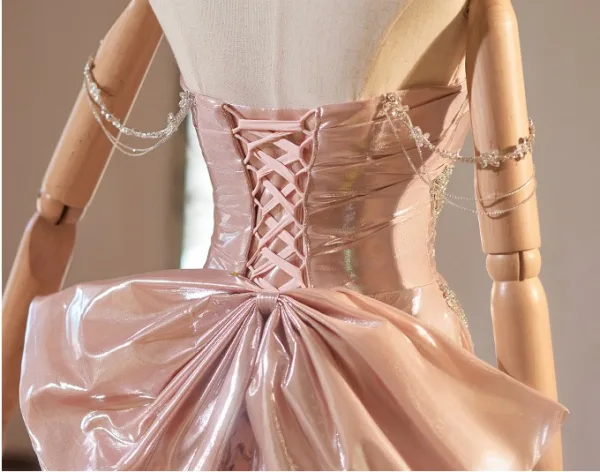 Mode Rougissant Rose Faux Diamant Noeud Robe De Bal 2024 Princesse Bustier Sans Manches Dos Nu Train De Balayage Promo Robe De Ceremonie