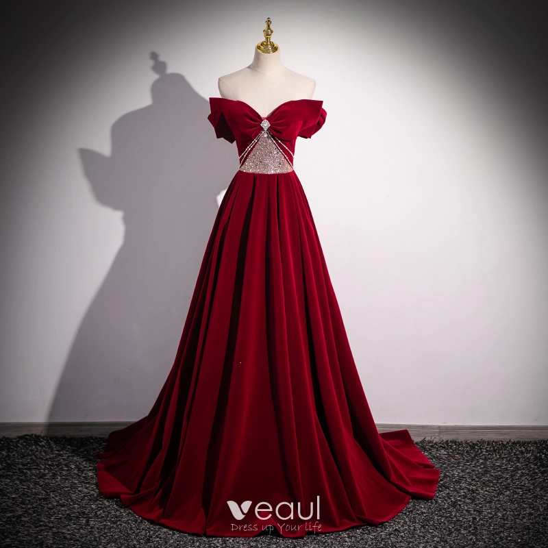 Burgundy Satin Off-the-shoulder Neckline A-line Prom Dress With Beadings Burgundy Satin Off-the-shoulder Neckline A-line Prom Dress With Beadings