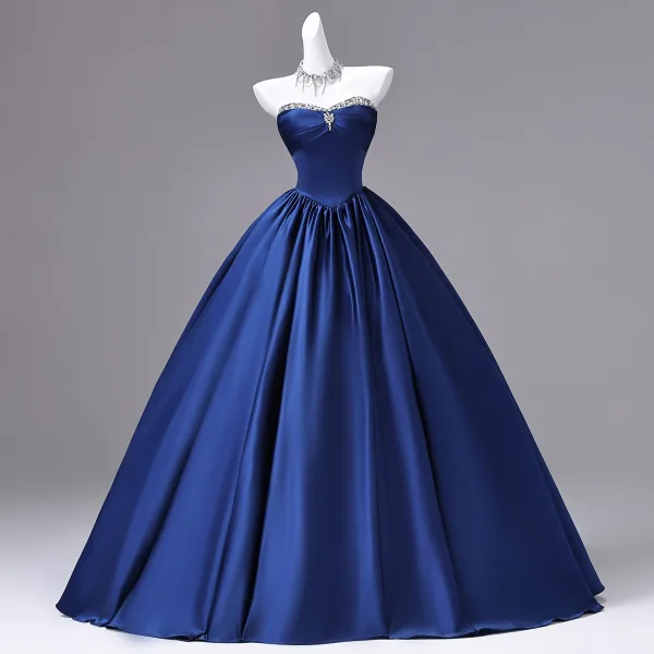 Vintage / Originale Bleu Roi Faux Diamant Robe De Bal 2026 Robe Boule Bustier Sans Manches Dos Nu Longue Robe De Ceremonie
