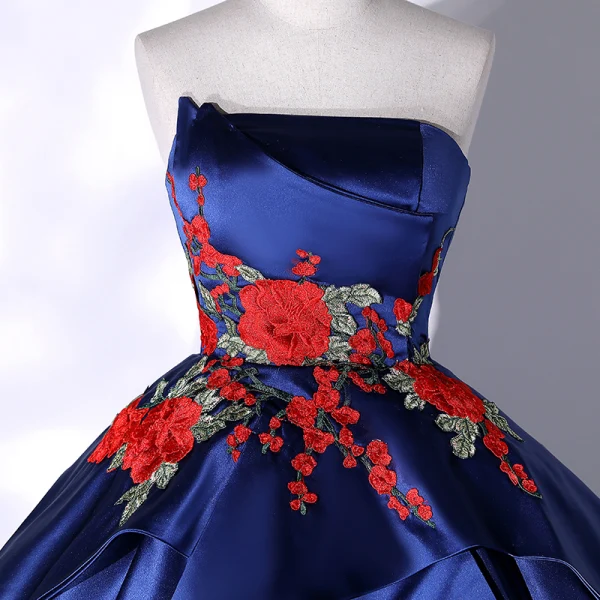 Vintage / Retro Navy Blue Satin Prom Dresses 2022 Ball Gown Strapless Lace Flower Sleeveless Backless Floor-Length / Long Prom Formal Dresses