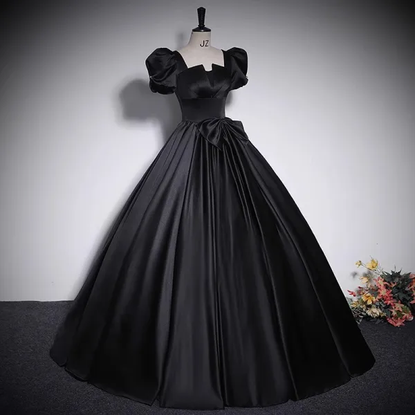 Elegant Black Satin Prom Dresses 2023 Ball Gown Square Neckline Puffy Short Sleeve Bow Backless Floor- Elegant Black Satin Prom Dresses 2023 Ball Gown Square Neckline Puffy Short Sleeve Bow Backless Floor-