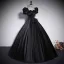 Elegant Black Satin Prom Dresses 2023 Ball Gown Square Neckline Puffy Short Sleeve Bow Backless Floor-Length / Long Prom Formal Dresses