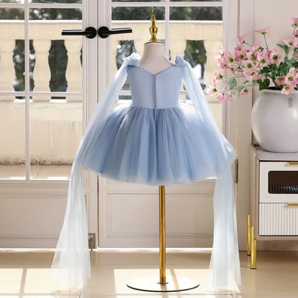 Chic / Beautiful Sky Blue Lace Flower Appliques Birthday Short Flower Girl Dresses 2025 Ball Gown V-Neck Sleeveless