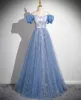 Chic / Belle Bleu Ciel Paillettes Robe De Bal 2024 Princesse Encolure Carrée Manches Courtes Dos Nu Longue Promo Robe De Ceremonie