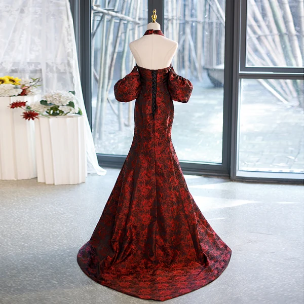 Sexy Burgundy Printing Evening Dresses 2023 Trumpet / Mermaid Halter Bow Short Sleeve Backless Floor-Length / Long Evening Party Formal Dresses