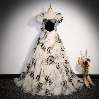Chic Belle Noire Robe De Bal 2023 Princesse Encolure Carrée Gonflée Manches Courtes Dos Nu Noeud Longue Promo Robe De Ceremonie