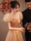 Chic / Belle Champagne Tachetée Robe De Bal 2022 Princesse Encolure Carrée Gonflée Manches Courtes Dos Nu Perlage Longue Robe De Ceremonie