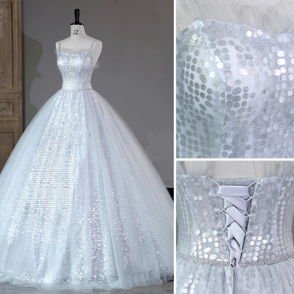 Scintillantes Gris Paillettes Robe De Soirée 2023 Robe Boule Faux Diamant Bretelles Spaghetti Sans Manches Dos Nu Longue Soirée Robe De Ceremonie