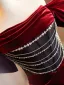 Elegant Burgundy Rhinestone Velvet Prom Dresses 2025 Trumpet / Mermaid Off-The-Shoulder Short Sleeve Backless Sweep Train Prom Formal Dresses